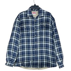 Men's Wrangler Sherpa Lined Flannel Shacket Blue Plaid Shirt Jacket Workwear Med